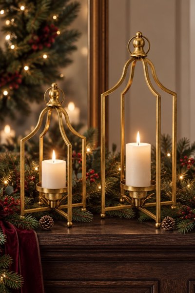 12.5" & 16.5" Timeless Cozy Decorative Lanterns Set of 2, Handcrafted Metal Iron Candle Holders, Farmhouse Elegance (Antique Gold)