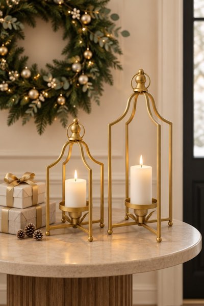 12.5" & 16.5" Timeless Cozy Decorative Lanterns Set of 2, Handcrafted Metal Iron Candle Holders, Farmhouse Elegance (Antique Gold)