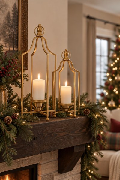 12.5" & 16.5" Timeless Cozy Decorative Lanterns Set of 2, Handcrafted Metal Iron Candle Holders, Farmhouse Elegance (Antique Gold)