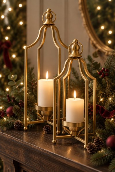 12.5" & 16.5" Timeless Cozy Decorative Lanterns Set of 2, Handcrafted Metal Iron Candle Holders, Farmhouse Elegance (Antique Gold)