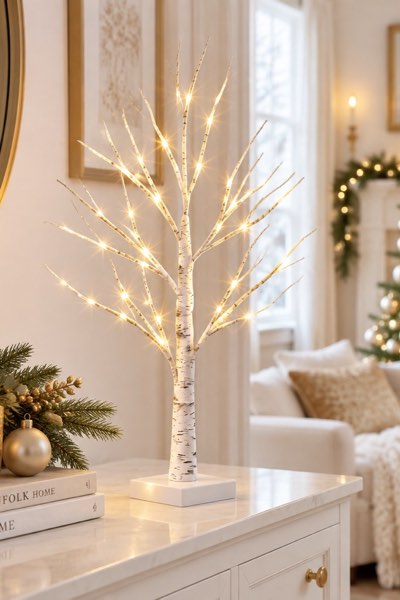 2FT Birch Tree with LED Lights, Warm White Light Up Tree Lamp (Set of 2)
