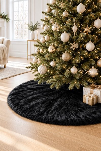 AISENO 48 Inch Black Faux Fur Christmas Tree Skirt - Halloween Tree Skirt Plush Holiday Decor for Xmas Tree, Festive Party, Home Decorations