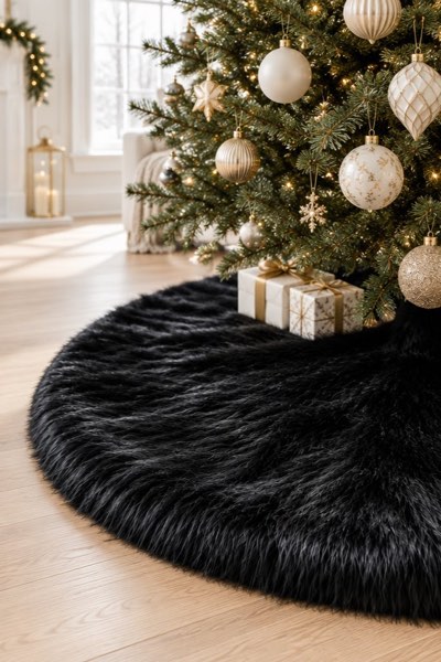 AISENO 48 Inch Black Faux Fur Christmas Tree Skirt - Halloween Tree Skirt Plush Holiday Decor for Xmas Tree, Festive Party, Home Decorations