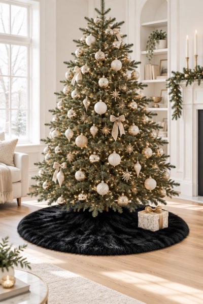 AISENO 48 Inch Black Faux Fur Christmas Tree Skirt - Halloween Tree Skirt Plush Holiday Decor for Xmas Tree, Festive Party, Home Decorations