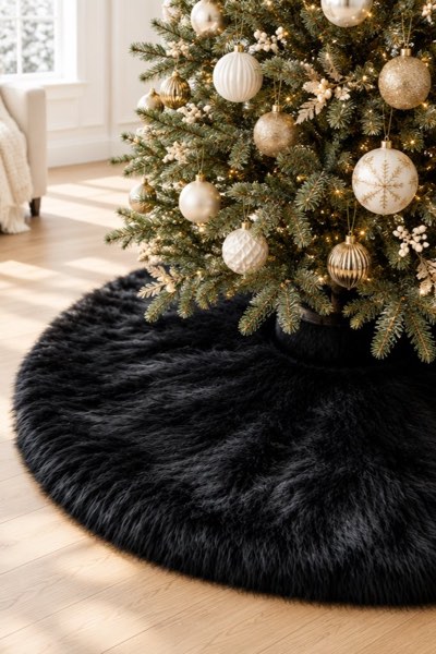 AISENO 48 Inch Black Faux Fur Christmas Tree Skirt - Halloween Tree Skirt Plush Holiday Decor for Xmas Tree, Festive Party, Home Decorations