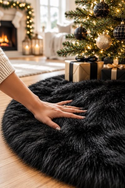AISENO 48 Inch Black Faux Fur Christmas Tree Skirt - Halloween Tree Skirt Plush Holiday Decor for Xmas Tree, Festive Party, Home Decorations