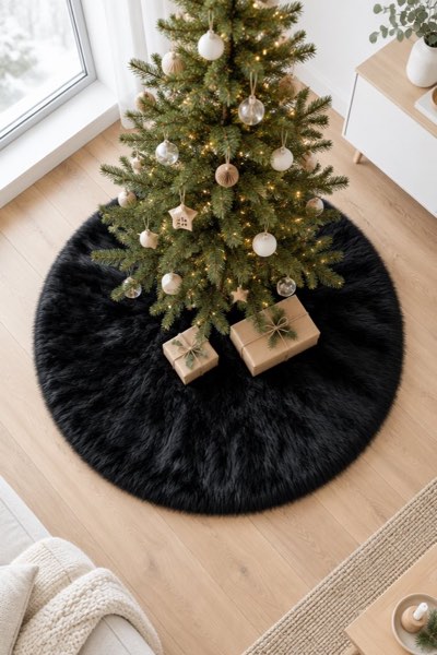 AISENO 48 Inch Black Faux Fur Christmas Tree Skirt - Halloween Tree Skirt Plush Holiday Decor for Xmas Tree, Festive Party, Home Decorations