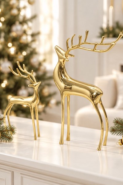 YACSNBF Reindeer Figurine Statues Deluxe Set of 2, Pure Copper/Brass Heavy Reindeer Ornaments, Gold