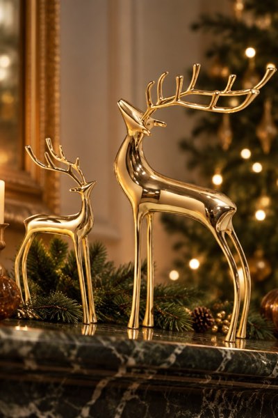 YACSNBF Reindeer Figurine Statues Deluxe Set of 2, Pure Copper/Brass Heavy Reindeer Ornaments, Gold