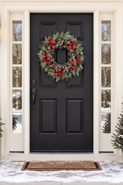 24 Inch Christmas Wreath for Front Door, Modern Farmhouse Pine Wreath with Berries and Ornament Balls