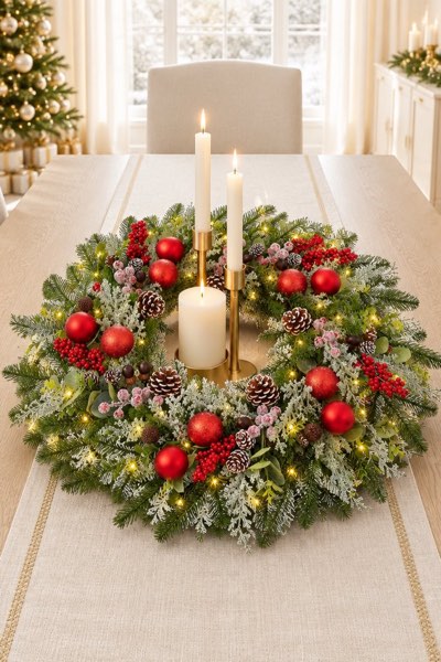 24 Inch Christmas Wreath for Front Door, Modern Farmhouse Pine Wreath with Berries and Ornament Balls