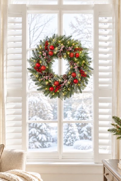 24 Inch Christmas Wreath for Front Door, Modern Farmhouse Pine Wreath with Berries and Ornament Balls