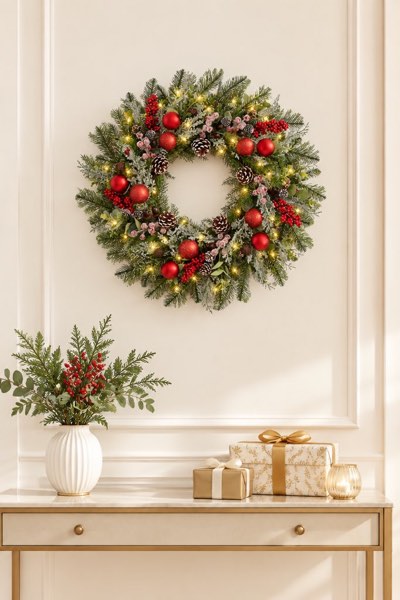 24 Inch Christmas Wreath for Front Door, Modern Farmhouse Pine Wreath with Berries and Ornament Balls
