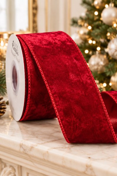 Ribbli Red Velvet Wired Ribbon, 2.5 Inch, Metallic Red Crushed Velvet Christmas Ribbon
