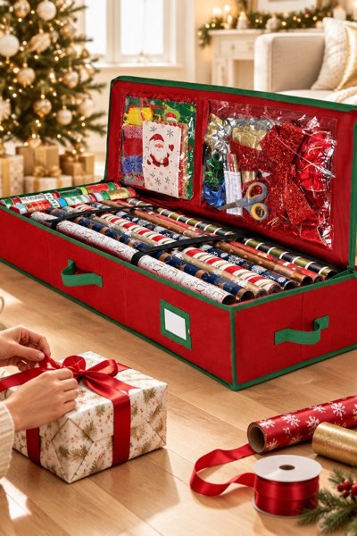 Premium Wrapping Paper Organizer Storage, Gift Wrap Holder, Reinforced Handles, Fits Up to 27 Rolls (Red)