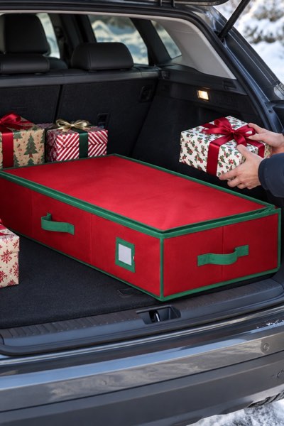 Premium Wrapping Paper Organizer Storage, Gift Wrap Holder, Reinforced Handles, Fits Up to 27 Rolls (Red)